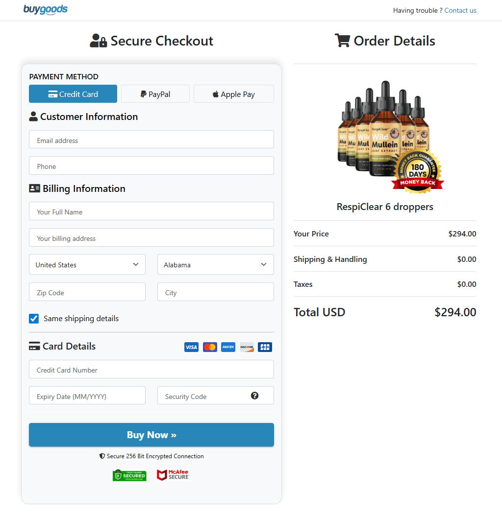 RespiClear order page